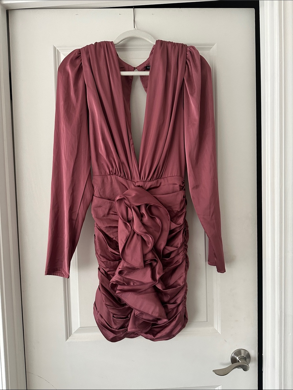 Plunge Neck Rose-Mauve Ruched Long-Sleeve Mini Dress